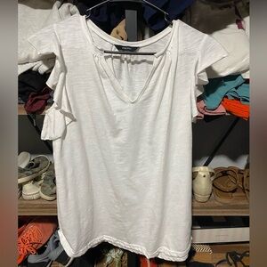 White Short Sleeve Top with Ruffle Accents